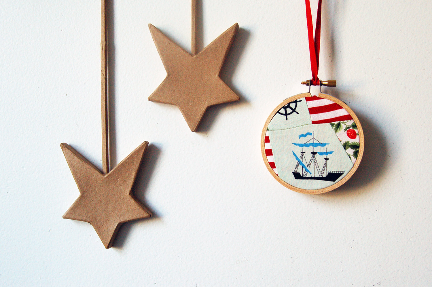 Embroidery hoop ornament nautical christmas 3 inch ship gingham by